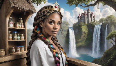 1girl,solo,long hair,breasts,looking at viewer,smile,brown hair,shirt,brown eyes,jewelry,white shirt,upper body,braid,multicolored hair,outdoors,sky,day,cloud,dark skin,water,twin braids,dark-skinned female,tree,blue sky,lips,makeup,bottle,crown,building,realistic,nose,castle,tower,waterfall,jar,multiple braids,dress,ribbon,closed mouth,hair ribbon,signature,necklace,white dress,from side,sunlight,cloudy sky,tiara,gem,scenery,forehead