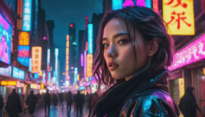 1girl, looking at viewer, short hair, black hair, jewelry, jacket, earrings, outdoors, parted lips, solo focus, blurry, lips, night, blurry background, city, realistic, nose, crowd, cyberpunk, neon lights