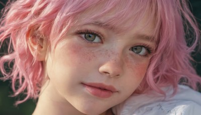 1girl,solo,looking at viewer,short hair,bangs,brown eyes,green eyes,pink hair,parted lips,artist name,blurry,lips,eyelashes,portrait,close-up,freckles,realistic,nose,blush,shirt,closed mouth,depth of field,blurry background