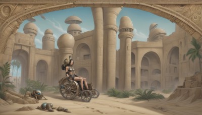 1girl,solo,long hair,breasts,short hair,black hair,hat,bare shoulders,sitting,outdoors,sky,barefoot,day,cloud,tree,blue sky,bare legs,helmet,robot,building,scenery,science fiction,aircraft,fantasy,sand,palm tree,ruins,wide shot,pillar,desert,arch,cactus,midriff,armor,skull