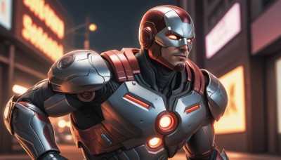 solo,1boy,upper body,male focus,armor,blurry,orange eyes,blurry background,glowing,facial hair,helmet,building,glowing eyes,science fiction,realistic,cyborg,power armor,night,superhero