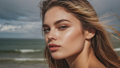 1girl,solo,long hair,looking at viewer,brown hair,brown eyes,outdoors,parted lips,sky,teeth,day,cloud,water,blurry,lips,depth of field,blurry background,ocean,beach,cloudy sky,portrait,forehead,freckles,realistic,nose,red lips,eyelashes,wind,close-up