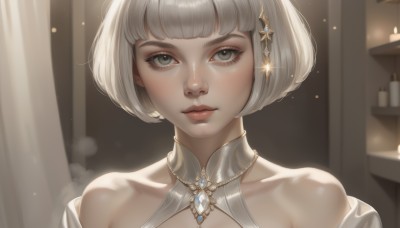 1girl,solo,looking at viewer,short hair,bangs,hair ornament,dress,bare shoulders,jewelry,closed mouth,collarbone,upper body,white hair,artist name,indoors,blunt bangs,necklace,star (symbol),white dress,blurry,lips,grey eyes,eyelashes,makeup,bob cut,gem,portrait,nose,candle,shiny,sparkle,halterneck,glint,realistic