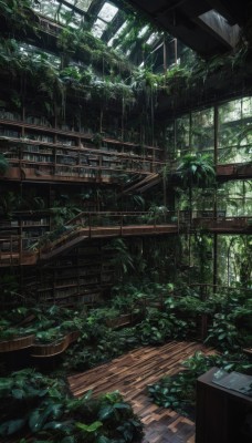 day,indoors,tree,book,no humans,window,leaf,sunlight,plant,nature,scenery,wooden floor,stairs,bookshelf,potted plant,shelf,library,moss,overgrown,building,rain,railing,ruins,vines,ladder