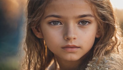 1girl,solo,long hair,looking at viewer,brown hair,brown eyes,closed mouth,artist name,blurry,lips,grey eyes,eyelashes,depth of field,blurry background,watermark,wavy hair,expressionless,portrait,web address,close-up,freckles,realistic,nose,jewelry