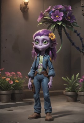 1girl,solo,long hair,breasts,hair ornament,green eyes,standing,full body,weapon,purple hair,flower,small breasts,open clothes,pointy ears,belt,signature,hair flower,gun,no bra,colored skin,brown footwear,plant,monster girl,pouch,potted plant,holster,green skin,purple skin,fewer digits,looking at viewer,navel,medium breasts,jacket,boots,shoes,pants,open jacket,denim,handgun,lantern,blue skin,lamp,pink skin