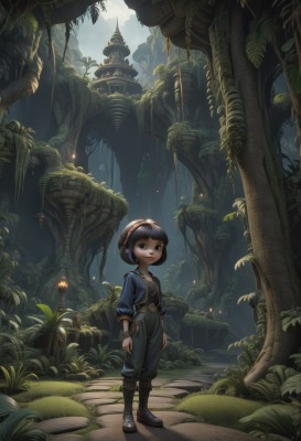 1girl,solo,looking at viewer,smile,short hair,bangs,shirt,black hair,long sleeves,standing,hairband,boots,outdoors,shoes,belt,pants,blunt bangs,black eyes,tree,leaf,sunlight,bob cut,plant,child,nature,scenery,forest,lantern,fantasy,female child,mushroom,blue eyes,jewelry,signature,necklace,bag,bracelet,grass,wide shot