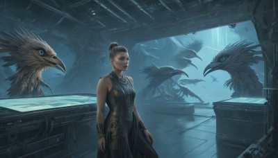 1girl,solo,breasts,short hair,blue eyes,brown hair,black hair,dress,bare shoulders,jewelry,standing,earrings,sleeveless,hair bun,black dress,bracelet,lips,sleeveless dress,glowing,bird,animal,single hair bun,robot,science fiction,beak,looking at viewer,monster,fantasy,bracer,crow,eagle