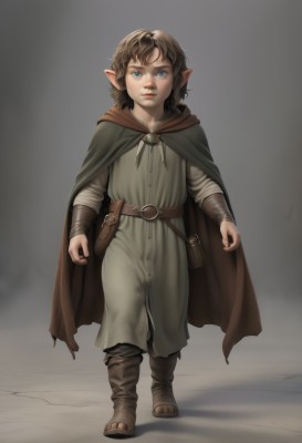 1girl,solo,looking at viewer,short hair,blue eyes,brown hair,long sleeves,closed mouth,standing,full body,boots,pointy ears,belt,pants,hood,medium hair,cape,brown footwear,elf,child,cloak,pouch,fantasy,female child,brown belt,belt pouch,tunic,hooded cape,brown cape,bangs,1boy,dress,weapon,male focus,grey background,lips,sandals,hood down,brooch,sheath,realistic,nose,leather belt