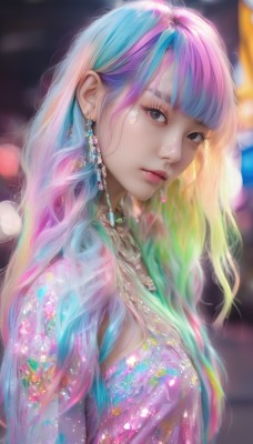 1girl,solo,long hair,breasts,looking at viewer,bangs,dress,jewelry,medium breasts,closed mouth,blue hair,upper body,pink hair,purple hair,multicolored hair,earrings,blunt bangs,necklace,blurry,black eyes,from side,two-tone hair,lips,looking to the side,eyelashes,aqua hair,gradient hair,makeup,depth of field,blurry background,gem,multicolored clothes,eyeshadow,pink lips,realistic,nose,bokeh,colorful,rainbow hair,blonde hair,parted lips,green hair,choker,artist name,streaked hair,watermark,wavy hair,web address,mascara