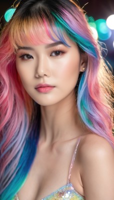 1girl,solo,long hair,breasts,looking at viewer,bangs,blonde hair,black hair,cleavage,bare shoulders,brown eyes,jewelry,medium breasts,closed mouth,underwear,blue hair,collarbone,upper body,pink hair,multicolored hair,earrings,artist name,blunt bangs,bra,blurry,black eyes,two-tone hair,lips,eyelashes,gradient hair,makeup,depth of field,blurry background,watermark,lipstick,web address,eyeshadow,realistic,nose,stud earrings,bokeh,mascara,streaked hair,pink lips,rainbow hair