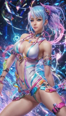 1girl,solo,long hair,breasts,looking at viewer,bangs,blue eyes,large breasts,hair ornament,navel,cleavage,bare shoulders,jewelry,medium breasts,blue hair,ponytail,pink hair,multicolored hair,cowboy shot,earrings,parted lips,necklace,nail polish,bracelet,two-tone hair,leotard,lips,gradient hair,thigh strap,armlet,science fiction,realistic,nose,center opening,standing,artist name,watermark,revealing clothes,armband