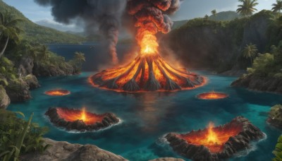 outdoors,sky,day,cloud,water,tree,no humans,ocean,fire,nature,scenery,forest,smoke,rock,mountain,palm tree,explosion,river,burning,molten rock,island,beach,plant