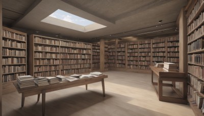 sky,day,cloud,indoors,blue sky,book,no humans,window,shadow,chair,table,sunlight,scenery,desk,wooden floor,paper,open book,bookshelf,shelf,book stack,library,ceiling