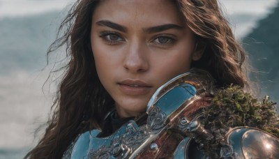 1girl,solo,long hair,looking at viewer,brown hair,brown eyes,outdoors,parted lips,armor,blurry,lips,grey eyes,eyelashes,blurry background,wavy hair,plant,instrument,portrait,close-up,freckles,realistic,nose,violin,bow (music),sky,teeth,thick eyebrows,wind,forehead