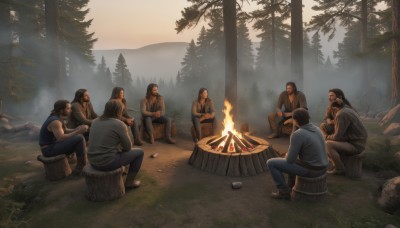 long hair,brown hair,shirt,black hair,sitting,male focus,boots,outdoors,food,multiple boys,barefoot,pants,tree,facial hair,fire,blue shirt,nature,beard,forest,6+boys,rock,mustache,blue pants,cooking,tree stump,log,tent,campfire,short hair,sky,sleeveless,looking at another,vest,muscular,grass,denim,scenery,sunset,jeans,mountain,bald,wood