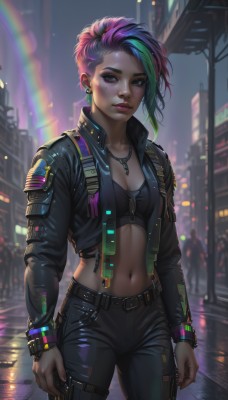 1girl,solo,breasts,looking at viewer,short hair,long sleeves,navel,cleavage,jewelry,medium breasts,closed mouth,standing,jacket,pink hair,purple hair,multicolored hair,cowboy shot,earrings,small breasts,outdoors,parted lips,green hair,open clothes,solo focus,midriff,belt,pants,necklace,stomach,nail polish,mole,blurry,two-tone hair,open jacket,lips,streaked hair,black jacket,crop top,fingernails,eyelashes,mole under eye,makeup,night,blurry background,black pants,piercing,ring,thick eyebrows,lipstick,ear piercing,buckle,pendant,eyeshadow,zipper,freckles,cropped jacket,science fiction,asymmetrical hair,belt buckle,city,realistic,nose,arms at sides,unzipped,stud earrings,eyeliner,holster,leather,undercut,leather jacket,mascara,cyberpunk,neon lights,eyebrow piercing,leather pants,purple eyes,artist name,bracelet,thigh strap,depth of field,building,web address,very short hair