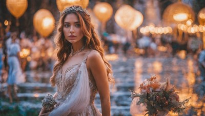 1girl,solo,long hair,looking at viewer,brown hair,dress,holding,bare shoulders,brown eyes,jewelry,flower,sleeveless,solo focus,necklace,white dress,blurry,flat chest,lips,depth of field,blurry background,rose,wavy hair,tiara,bouquet,wedding dress,realistic,balloon,holding bouquet,bride,breasts,multiple girls,hair ornament,upper body,earrings,outdoors,signature,3girls,bokeh