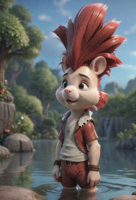 solo,smile,open mouth,shirt,1boy,animal ears,brown eyes,jewelry,standing,jacket,tail,white shirt,flower,short sleeves,male focus,red hair,outdoors,open clothes,sky,shorts,teeth,day,belt,artist name,cloud,signature,water,necklace,blurry,black eyes,vest,bracelet,open jacket,tree,blue sky,depth of field,blurry background,watermark,happy,spiked hair,wristband,child,red jacket,furry,wading,clenched hands,partially submerged,freckles,rock,mouse ears,furry male,male child,body fur,animal nose,whiskers,snout,pond,buck teeth,nature,web address,reflection,brown shorts,river,open vest,lake,mohawk