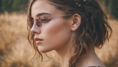 1girl,solo,long hair,brown hair,jewelry,flower,earrings,outdoors,parted lips,glasses,necklace,blurry,from side,lips,profile,depth of field,blurry background,wavy hair,sunglasses,portrait,realistic,nose,round eyewear,tinted eyewear,short hair,brown eyes,eyelashes