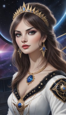 1girl,solo,long hair,breasts,looking at viewer,brown hair,dress,cleavage,brown eyes,jewelry,medium breasts,green eyes,collarbone,upper body,earrings,parted lips,sky,necklace,white dress,lips,fur trim,makeup,tiara,crown,lipstick,gem,star (sky),starry sky,freckles,realistic,nose,red lips,space,planet,princess,bangs,parted bangs,eyelashes,pendant,eyeshadow,emblem