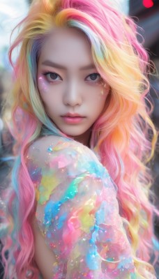 1girl,solo,long hair,looking at viewer,blonde hair,brown eyes,closed mouth,upper body,pink hair,multicolored hair,artist name,blurry,black eyes,lips,streaked hair,eyelashes,makeup,depth of field,blurry background,wavy hair,eyeshadow,realistic,nose,rainbow hair,blue eyes,tears,watermark,facial mark,forehead,pink lips