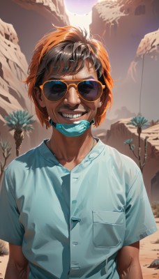 solo,looking at viewer,smile,short hair,brown hair,shirt,black hair,1boy,white shirt,upper body,short sleeves,male focus,multicolored hair,outdoors,teeth,collared shirt,orange hair,grin,two-tone hair,tree,mask,sunglasses,facing viewer,pocket,rock,mouth mask,palm tree,sun,breast pocket,tinted eyewear,surgical mask,sky,day,shiny,facial hair,sunlight,blue shirt,backlighting,veins,realistic,mustache,sunrise