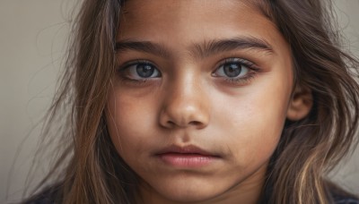 1girl,solo,long hair,looking at viewer,simple background,brown hair,1boy,brown eyes,closed mouth,male focus,parted lips,grey background,lips,grey eyes,facial hair,thick eyebrows,portrait,close-up,realistic,nose,eyelashes,expressionless,forehead