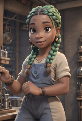 1girl,solo,long hair,looking at viewer,smile,shirt,twintails,brown eyes,jewelry,braid,short sleeves,multicolored hair,cowboy shot,earrings,green hair,artist name,indoors,dark skin,necklace,blurry,twin braids,bracelet,dark-skinned female,lips,blurry background,thick eyebrows,denim,child,hair over shoulder,forehead,freckles,nose,female child,overalls,blue overalls,overall shorts,white shirt,parted lips,flat chest,fingernails,pocket,dreadlocks,multiple braids