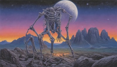 outdoors,sky,no humans,night,moon,star (sky),night sky,scenery,full moon,starry sky,science fiction,rock,mountain,skeleton,bone,monster,ribs,mountainous horizon