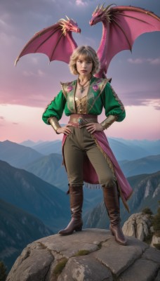 1girl,solo,breasts,looking at viewer,smile,short hair,blonde hair,brown hair,long sleeves,brown eyes,jewelry,standing,full body,boots,outdoors,wings,sky,pants,cloud,necklace,lips,brown footwear,knee boots,scenery,pendant,cropped jacket,hands on hips,rock,green jacket,mountain,fantasy,dragon,brown pants,cliff,cleavage,medium breasts,jacket,flower,high heels,corset,high heel boots,sunset