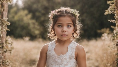 1girl,solo,looking at viewer,short hair,brown hair,hair ornament,dress,bare shoulders,brown eyes,closed mouth,upper body,flower,outdoors,sleeveless,artist name,signature,hair flower,white dress,blurry,dated,tree,lips,depth of field,blurry background,realistic,nose,head wreath,veil,wedding dress,bridal veil,bride