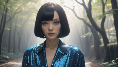 1girl,solo,looking at viewer,short hair,bangs,blue eyes,shirt,black hair,closed mouth,collarbone,upper body,outdoors,day,blunt bangs,blurry,black eyes,tree,lips,grey eyes,eyelashes,depth of field,blurry background,sunlight,bob cut,blue shirt,nature,forest,realistic,nose,dappled sunlight,dress,parted lips,parted bangs,swept bangs