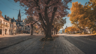 outdoors, sky, day, cloud, tree, blue sky, dutch angle, no humans, sunlight, building, scenery, city, road, autumn leaves, lamppost, street, autumn, path, town, pavement, vanishing point