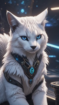 solo,looking at viewer,blue eyes,jewelry,closed mouth,upper body,artist name,signature,blurry,collar,no humans,depth of field,blurry background,animal,cat,gem,colored sclera,animal focus,white fur,white cat,fluffy,blue sclera,necklace,animal ear fluff,brooch,pendant,fur collar,whiskers