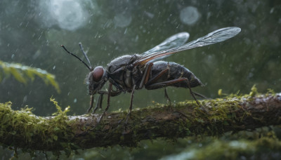 outdoors, wings, sky, blurry, tree, no humans, depth of field, animal, leaf, bug, nature, rain, realistic, antennae, branch, oversized animal