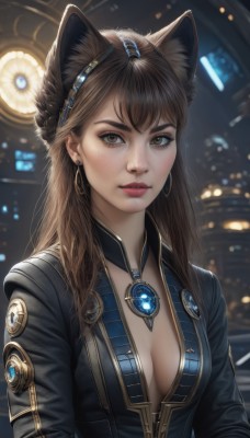 1girl,solo,long hair,breasts,looking at viewer,bangs,brown hair,animal ears,cleavage,brown eyes,jewelry,medium breasts,closed mouth,jacket,upper body,hairband,earrings,cat ears,necklace,blurry,lips,eyelashes,makeup,blurry background,zipper,hoop earrings,realistic,nose,hair ornament,long sleeves,artist name,indoors,signature,black jacket,animal ear fluff,gem,extra ears,freckles