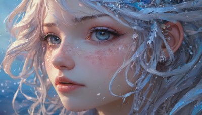 1girl,solo,long hair,looking at viewer,bangs,blue eyes,hair ornament,jewelry,white hair,grey hair,earrings,parted lips,water,lips,eyelashes,floating hair,portrait,close-up,freckles,realistic,nose,snowflakes,blonde hair,blurry,makeup,feathers,wind