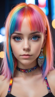 1girl,solo,long hair,breasts,looking at viewer,bangs,blue eyes,cleavage,bare shoulders,jewelry,medium breasts,closed mouth,blue hair,collarbone,upper body,pink hair,multicolored hair,earrings,choker,blunt bangs,necklace,orange hair,blurry,two-tone hair,lips,streaked hair,eyelashes,makeup,depth of field,blurry background,portrait,eyeshadow,realistic,nose,bokeh,mascara,rainbow hair,heart,artist name,parted bangs,watermark,expressionless,tank top,web address,close-up,pink lips