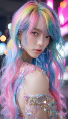 1girl,solo,long hair,looking at viewer,bangs,blonde hair,dress,bare shoulders,jewelry,closed mouth,blue hair,upper body,pink hair,multicolored hair,earrings,sleeveless,looking back,necklace,blurry,black eyes,two-tone hair,lips,looking to the side,grey eyes,makeup,depth of field,blurry background,wavy hair,piercing,gem,armlet,pink lips,realistic,nose,bokeh,rainbow hair,artist name,from side,streaked hair,eyelashes,watermark