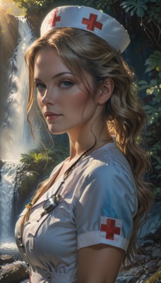 1girl,solo,long hair,breasts,looking at viewer,blue eyes,blonde hair,gloves,hat,medium breasts,closed mouth,upper body,short sleeves,outdoors,parted lips,water,from side,tree,lips,wet,eyelashes,buttons,wavy hair,cross,nature,armband,forest,freckles,pocket,realistic,nose,nurse cap,nurse,waterfall,stethoscope,red cross,bangs,brown hair,dress,jewelry,day,necklace,sunlight,plant,light rays,dappled sunlight,moss