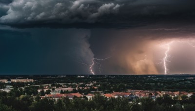 solo,outdoors,sky,cloud,tree,no humans,ocean,cloudy sky,building,nature,scenery,city,horizon,electricity,cityscape,lightning,landscape,city lights,night,grass,night sky,dark,field,river