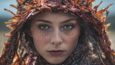 1girl,solo,long hair,looking at viewer,brown hair,black hair,brown eyes,closed mouth,outdoors,day,blurry,dark-skinned female,lips,eyelashes,makeup,depth of field,blurry background,portrait,freckles,realistic,nose,straight-on,hair ornament,sky,close-up