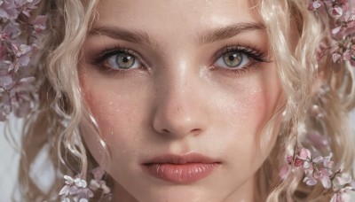 1girl,solo,long hair,looking at viewer,blonde hair,brown eyes,closed mouth,flower,mole,blurry,lips,eyelashes,wavy hair,cherry blossoms,portrait,close-up,freckles,realistic,nose,eye focus,mole on cheek,green eyes,parted lips,artist name,grey eyes