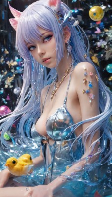 1girl,solo,long hair,breasts,looking at viewer,bangs,blue eyes,hair ornament,dress,animal ears,cleavage,bare shoulders,jewelry,medium breasts,sitting,blue hair,swimsuit,earrings,parted lips,cat ears,water,necklace,blurry,lips,wet,see-through,looking to the side,partially submerged,realistic,nose,rubber duck,upper body,flower,bikini,shiny,artist name,nail polish,petals,eyelashes,watermark,feathers,gem,water drop,feather hair ornament