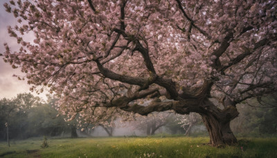 outdoors, sky, cloud, tree, no humans, grass, cherry blossoms, scenery