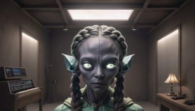 1girl,solo,long hair,looking at viewer,black hair,closed mouth,green eyes,upper body,braid,pointy ears,indoors,dark skin,twin braids,colored skin,portrait,reflection,wide-eyed,lamp,head fins,grey skin,horror (theme),ceiling light,bangs,table,controller,television,monitor,remote control,wrinkled skin