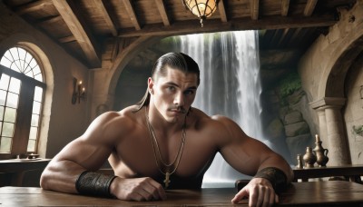 solo,looking at viewer,black hair,1boy,jewelry,upper body,male focus,indoors,water,necklace,black eyes,window,muscular,facial hair,scar,table,cross,pectorals,muscular male,wristband,beard,topless male,realistic,mustache,candle,bracer,manly,waterfall,statue,blue eyes,brown hair,parted lips,signature,bracelet,sunlight,cross necklace,chess piece,pillar,arch,board game