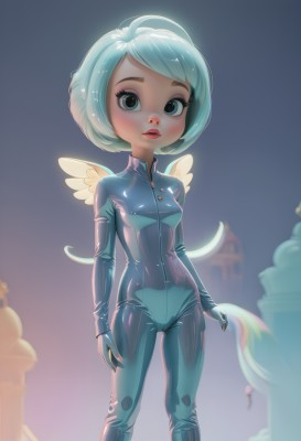 1girl,solo,breasts,looking at viewer,short hair,gloves,blue hair,standing,small breasts,wings,solo focus,shiny,lips,eyelashes,aqua hair,bodysuit,makeup,lipstick,skin tight,zipper,shiny clothes,angel wings,white wings,latex,mini wings,latex bodysuit,blush,blue eyes,ahoge