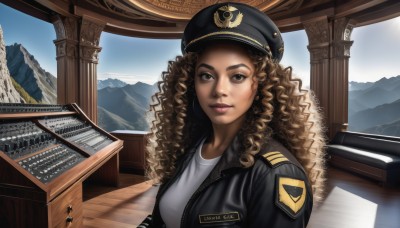 1girl,solo,long hair,looking at viewer,smile,brown hair,shirt,hat,brown eyes,jacket,white shirt,upper body,open clothes,sky,day,uniform,open jacket,lips,black jacket,military,military uniform,peaked cap,zipper,curly hair,military hat,mountain,realistic,nose,unzipped,leather,ringlets,leather jacket,earrings,outdoors,black headwear,scenery